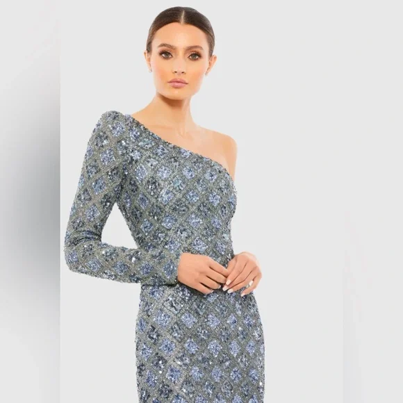 NWT Mac Duggal Sz 6 5479 Embellished One Shoulder Asymmetrical Gown Slate $798 - Picture 3 of 17